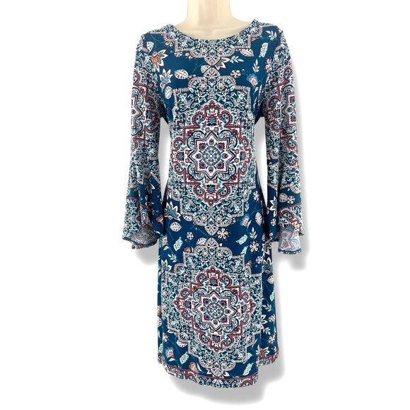 Shelby & Palmer Textured Stretch Printed Shift Dress Bell Sleeves Size 12 Office - Picture 3 of 6